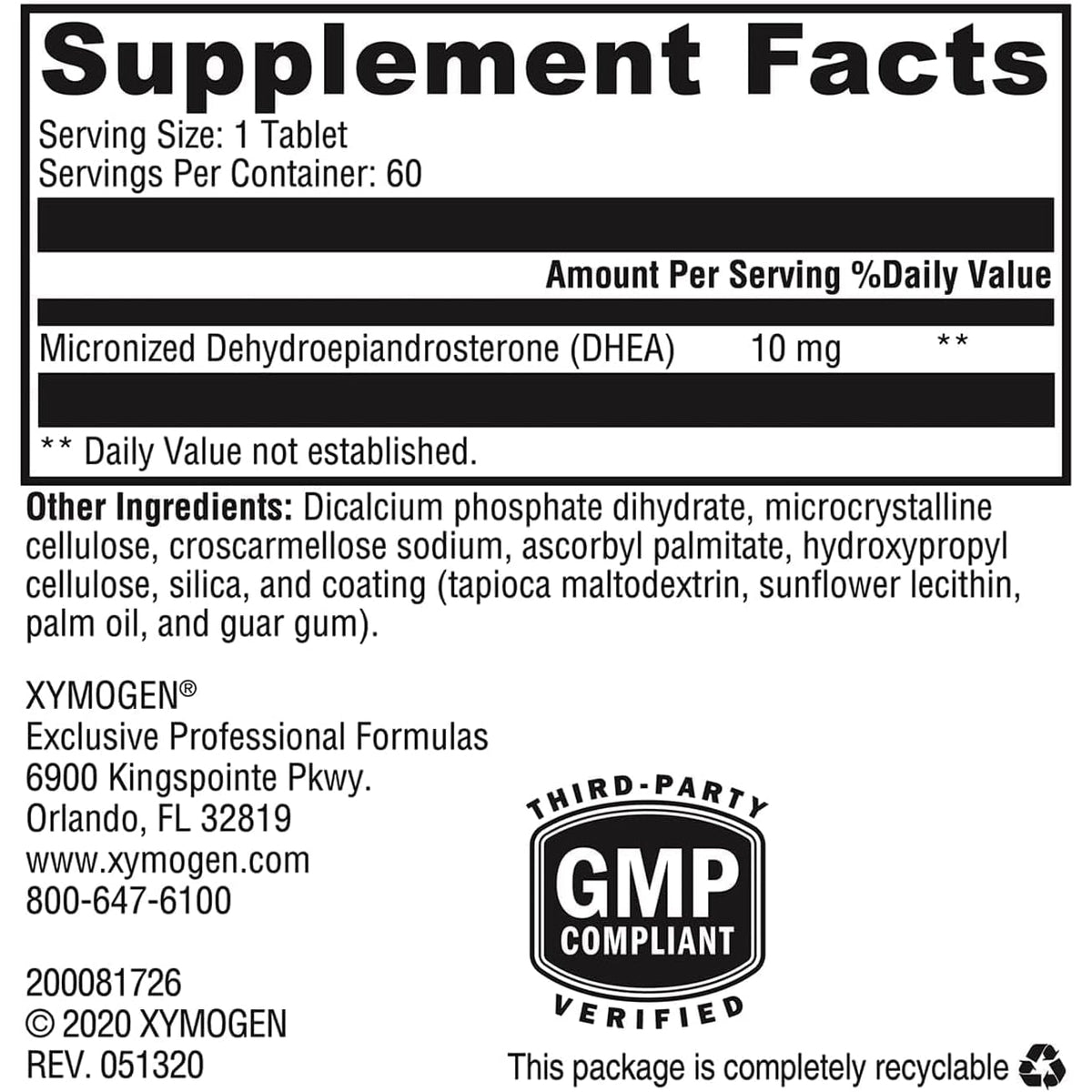 XYMOGEN DHEA Micronized - 10 Mg Dehydroepiandrosterone - Androgen and Estrogen Support - Gluten-Free, Soy Free & Dairy Free - 60 Tablets