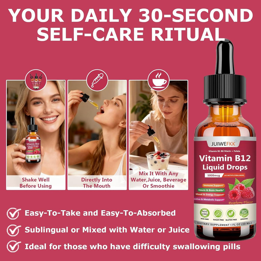 Liquid Vitamin B12 Drops 5000 Mcg - Extra Strength B12 Methylcobalamin with B1 B6 B3 Folate Niacin - Fast Absorption Sublingual B-12 Drops for Energy Metabolism & Brain Function, Vegan B Complex