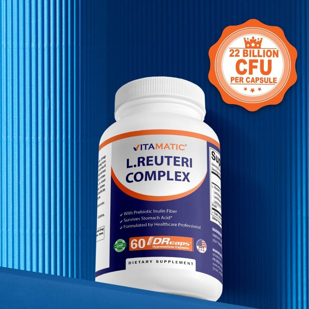 Vitamatic Lactobacillus Reuteri Complex – 22 Billion CFU per Delayed Release Capsule – 60 Capsules – Digestive & Gut Health Support – with Prebiotic Inulin Fiber