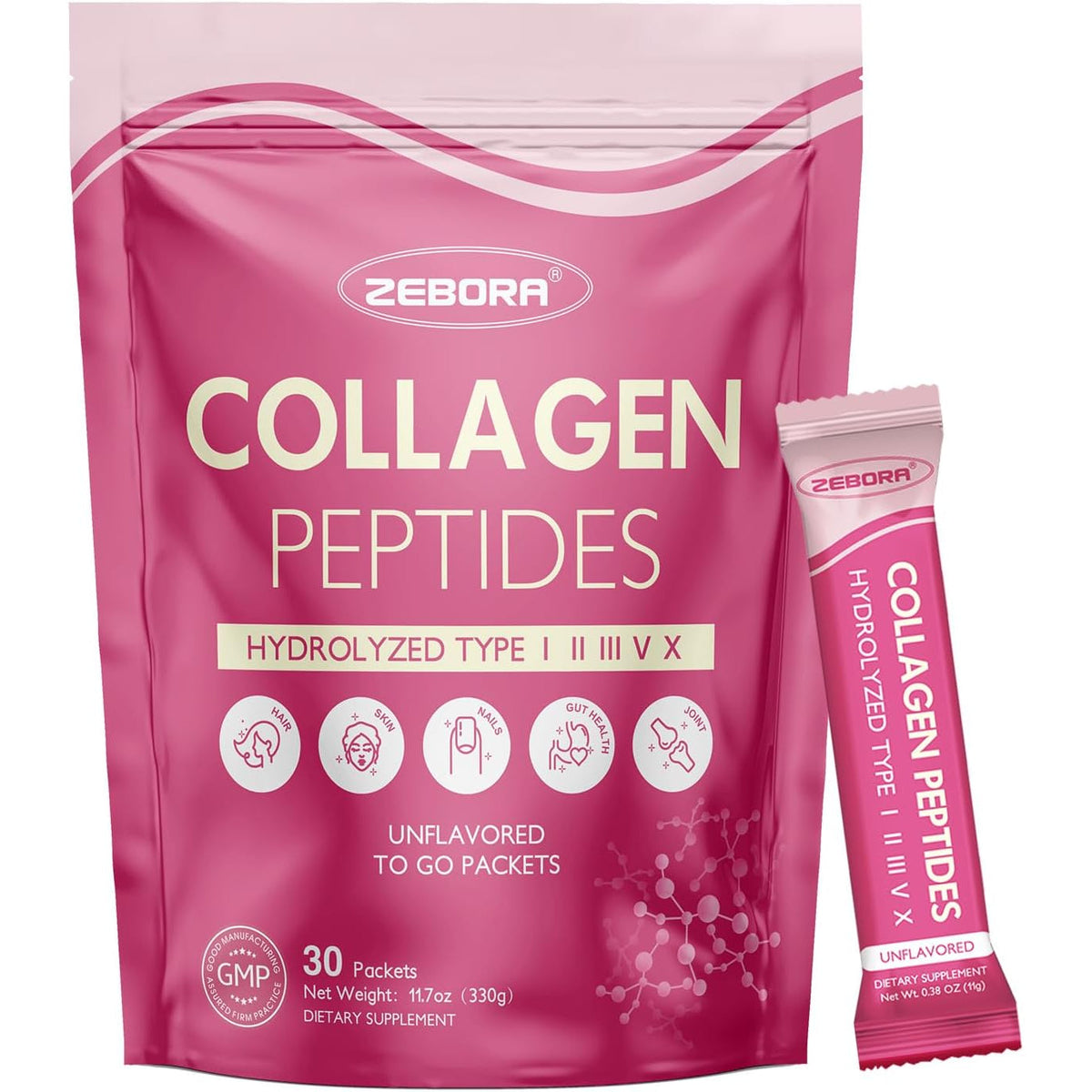 ZEBORA Multi Collagen Peptides Powder Packets with Hyaluronic Acid, Biotin, MCT - Hydrolyzed Collagen with 5 Billion Probiotics - Support Skin Hair Nail & Gut Health - 30 Stick Packs