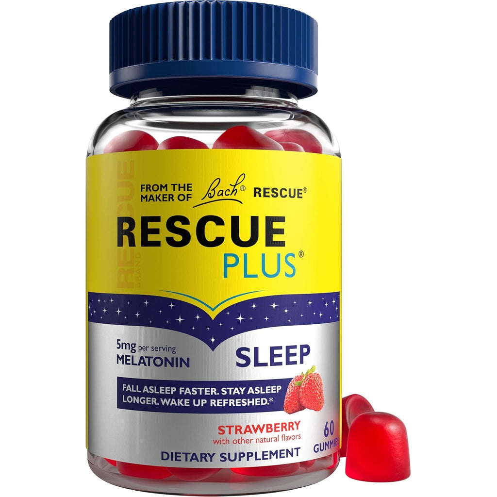 Bach RESCUE plus Melatonin Sleep Gummies, Natural Strawberry Flavor, Sleep Aid, Dietary Supplement, Vegan, Gluten-Free, No Artificial Flavors, Colors, 60 Count