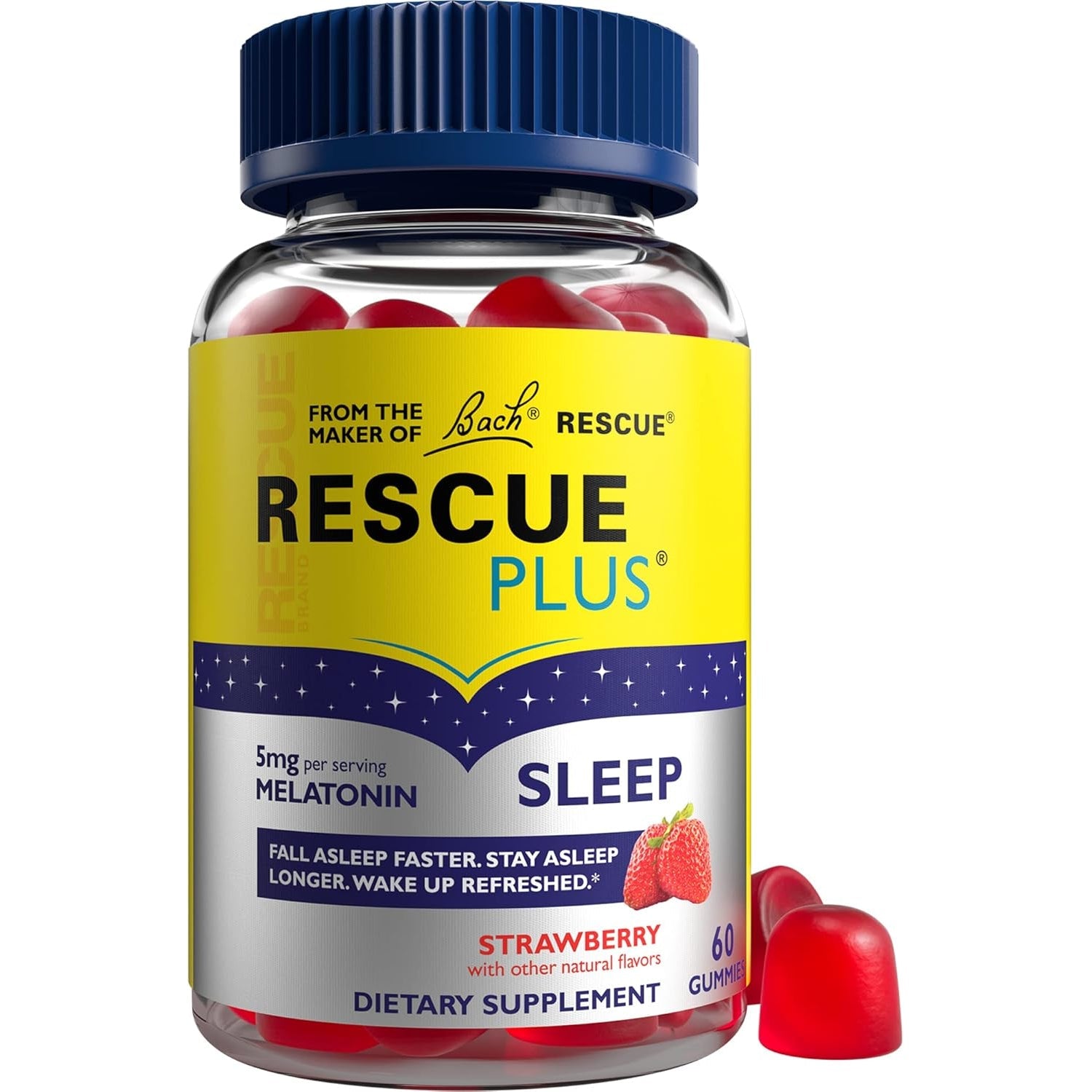 Bach RESCUE plus Melatonin Sleep Gummies, Natural Strawberry Flavor, Sleep Aid, Dietary Supplement, Vegan, Gluten-Free, No Artificial Flavors, Colors, 60 Count