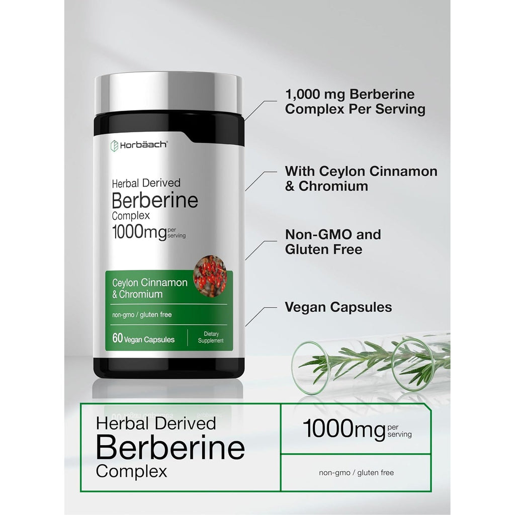 Horbäach Berberine Complex Supplement | 60 Vegan Capsules | with Ceylon Cinnamon & Chromium | Naturally Derived | Non-Gmo, Gluten Free Formula