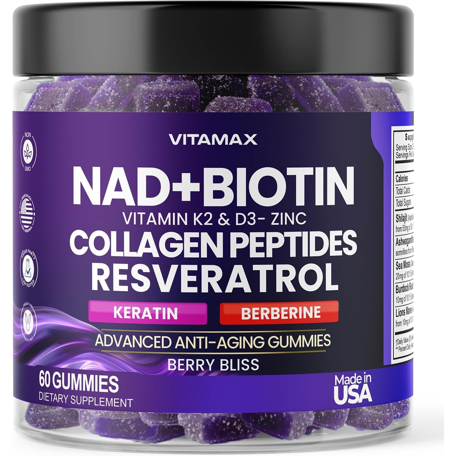 NAD+, Resveratrol, Berberine, & Biotin Anti-Aging Gummy - Hair, Skin, Nails & Joint Supplement - Collagen Peptides, Keratin, Zinc, Vitamin K2 & D3 Gummies -Regeneration- Non-Gmo - Made in USA 60 Count