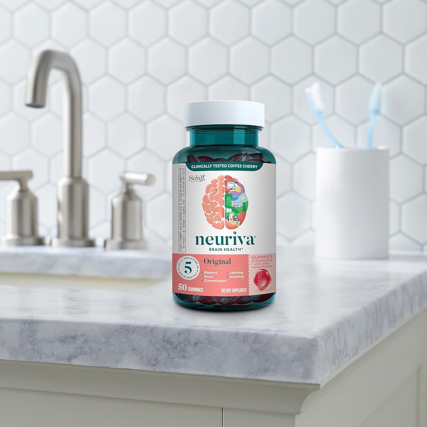 NEURIVA Original Brain Supplements for Memory and Focus, Clinically Tested Nootropics Phosphatidylserine and Neurofactor, Caffeine Free, 50Ct Strawberry Gummies