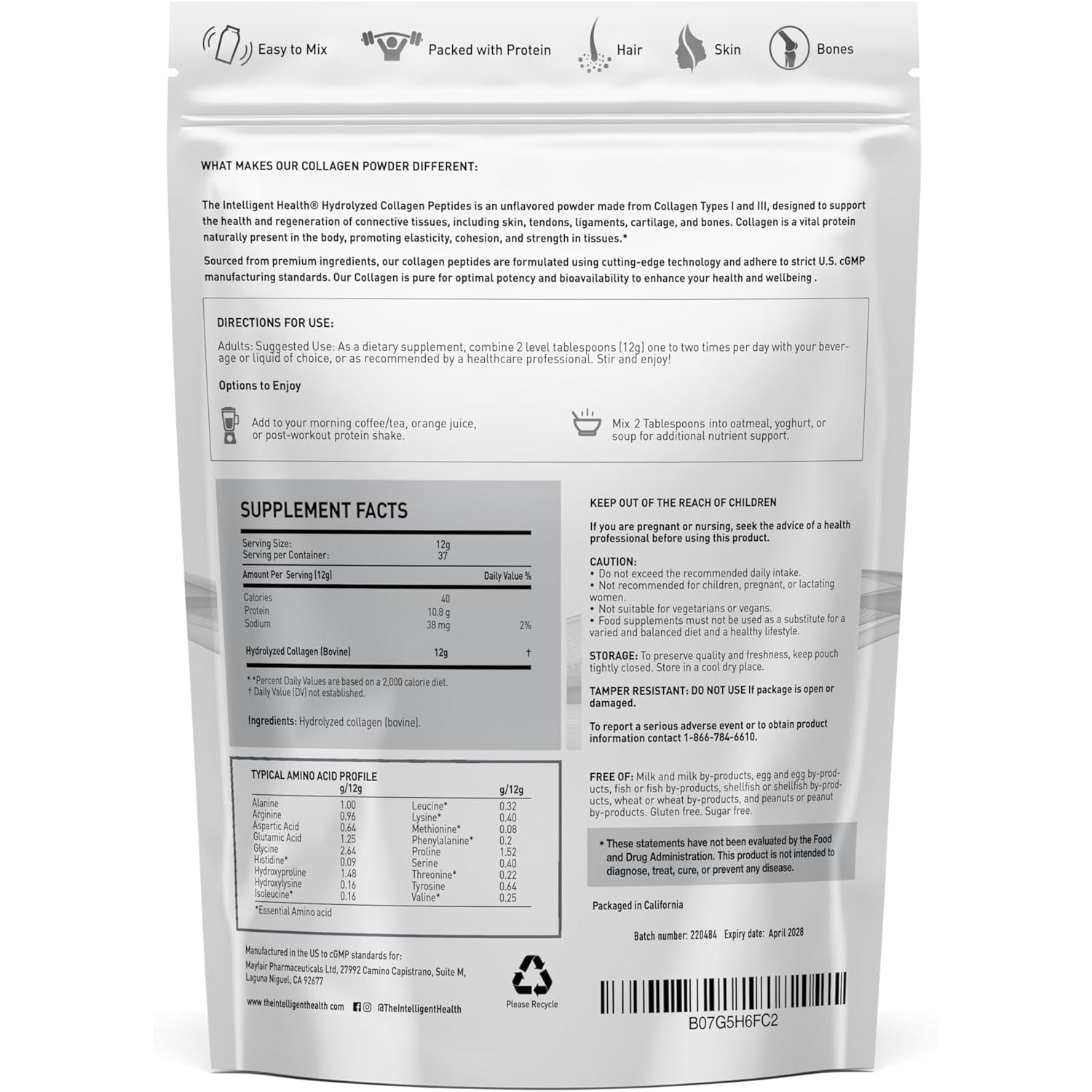 The Intelligent Health Collagen Peptides Powder, 45 Servings, Hydrolyzed Collagen, Type I & III, Grass Fed, Unflavored, Gluten Free, Keto/Paleo, 10G Servings, 15.9 Oz, Skin Support, Hair, Nail, Joints