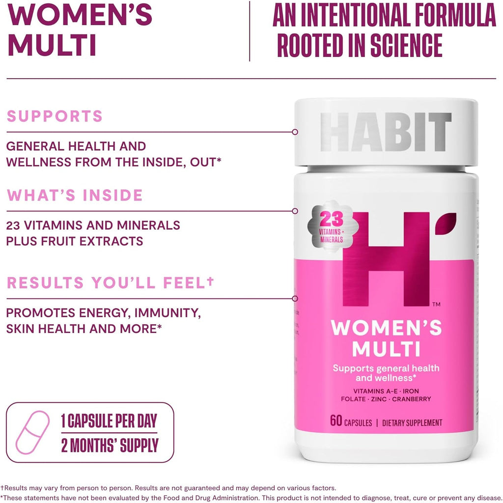 Habit Womens Multi Supplement (60 Capsules) - New Look, Supports General Health & Wellness, 23 Essential Vitamins and Minerals, Fruit Extracts, Folate, Iron, B12, Biotin, Non-Gmo (1 Pack)