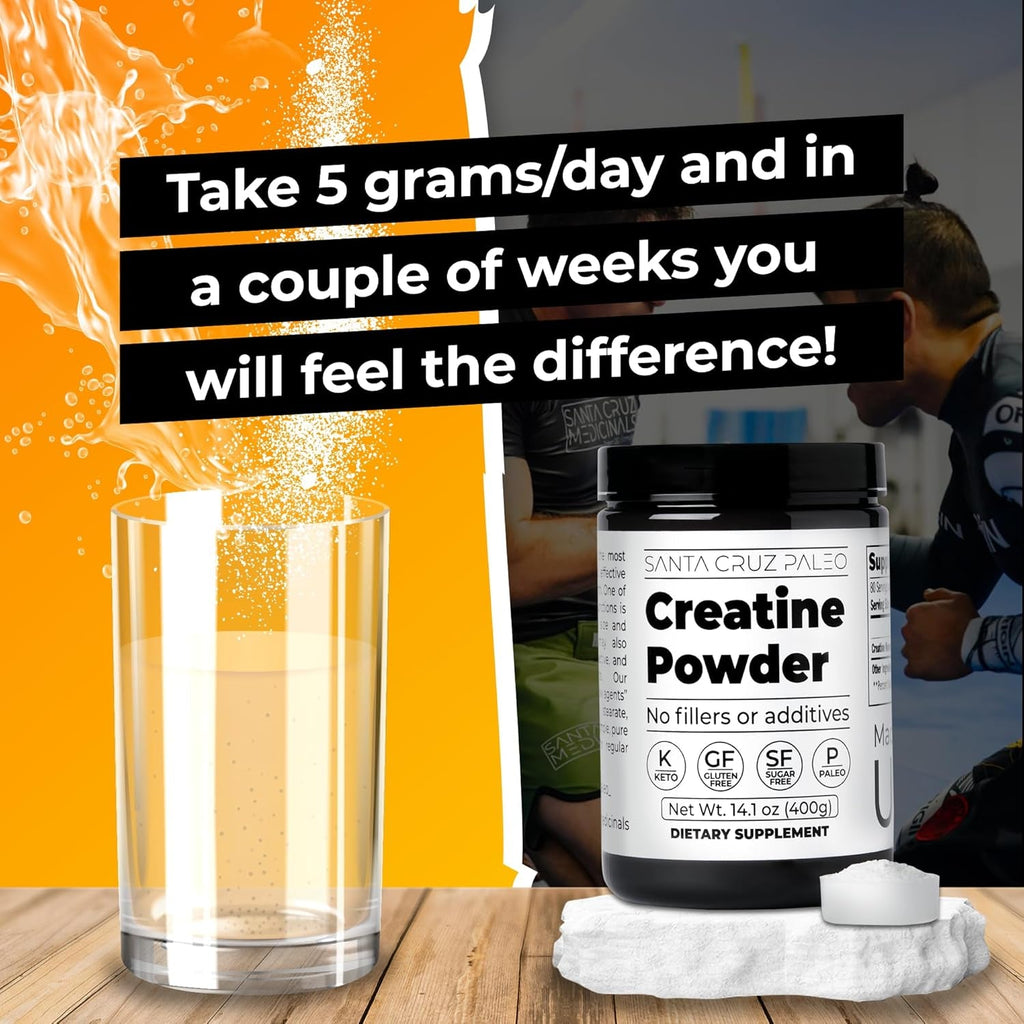 Santa Cruz Paleo, Creatine Monohydrate Powder Micronized, Unflavored Pre Workout and Muscle Support Supplement, Gluten Free Keto, Mix with Water or Shakes, No Fillers or Additives, 80 Servings, 400G