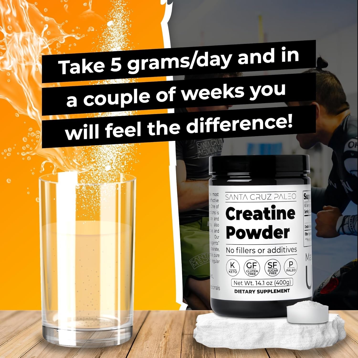 Santa Cruz Paleo, Creatine Monohydrate Powder Micronized, Unflavored Pre Workout and Muscle Support Supplement, Gluten Free Keto, Mix with Water or Shakes, No Fillers or Additives, 80 Servings, 400G