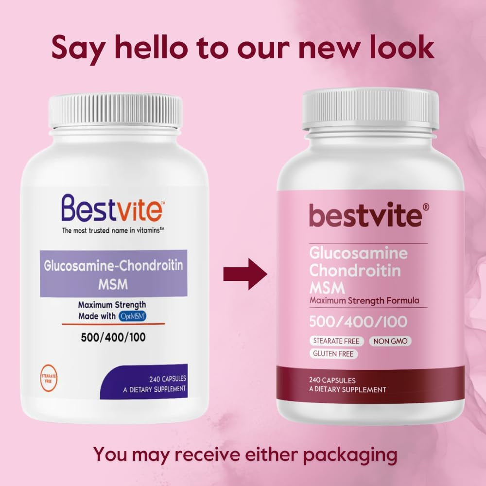 BESTVITE Glucosamine Chondroitin MSM 500/400/100 per Capsule (240 Capsules) with Patented Optimsm - Maximum Strength Formula for Joint Support - No Stearates - Gluten Free - Non GMO