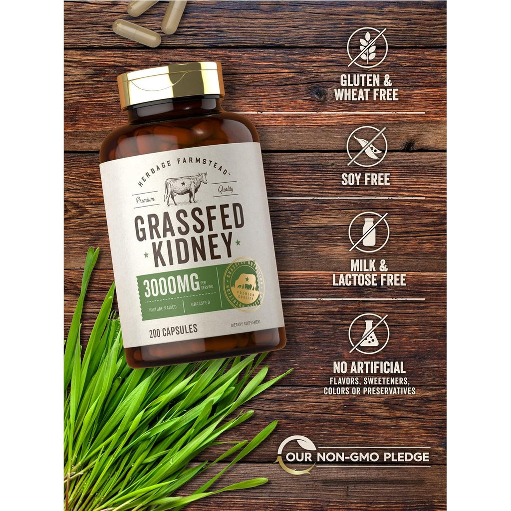 Carlyle Grass Fed Beef Kidney Supplement | 200 Capsules | 3000Mg | Pasture Raised Desiccated Bovine Supplement | Hormone and Pesticide Free | Non-Gmo, Gluten Free | by Herbage Farmstead