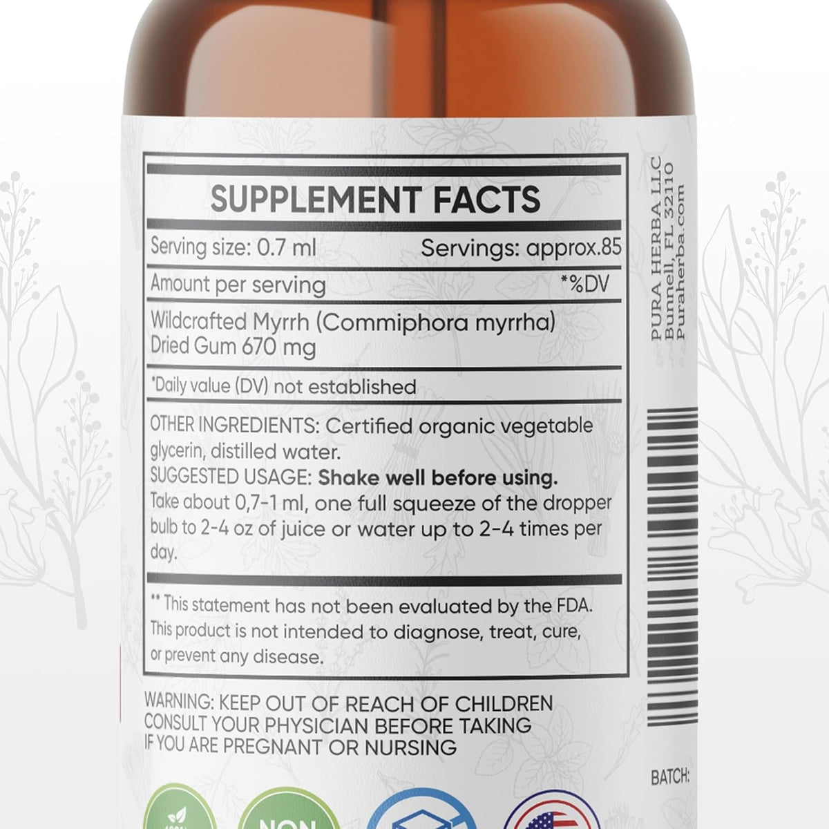 Pura Herba Organic Myrrh Liquid Extract - Alcohol-Free Tincture Drops | Non-Gmo, Vegan, Gluten-Free Herbal Supplement | 2 Fl Oz | Made in USA