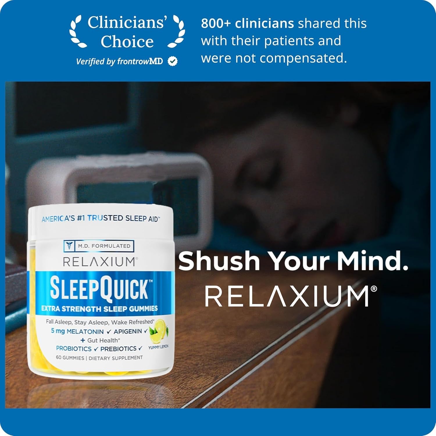 Relaxium Sleepquick Gummies - Sleep Aid + Gut Health & Immune Support, 5 Mg Melatonin, Vitamin D-3 + Prebiotic & Probiotic Blend, Gluten & Drug Free, Lemon Flavor, 60 Gummies