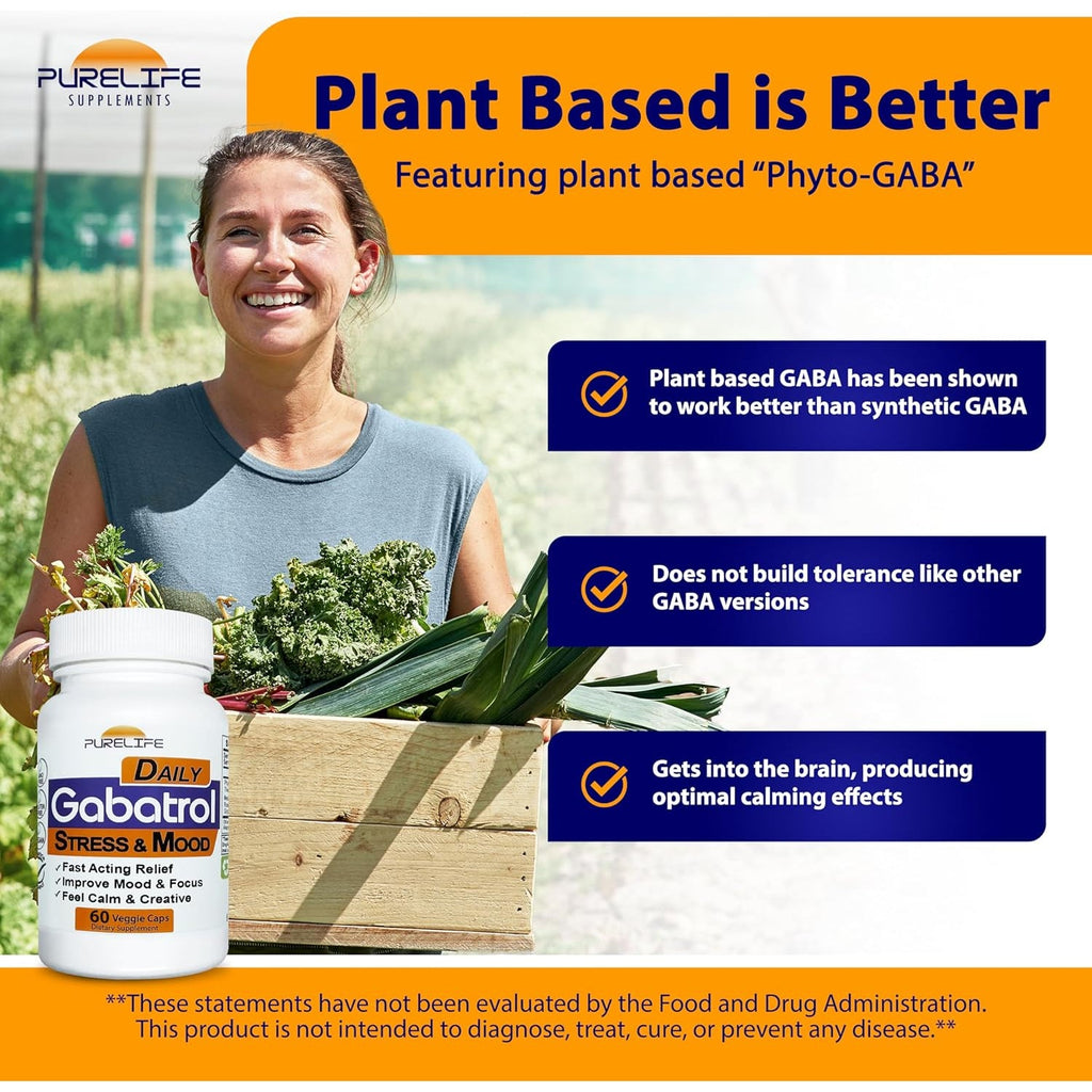 Gabatrol Daily – Plant Based GABA Supplement. Vegetarian and Vegan Friendly (60 Veggie Caps)