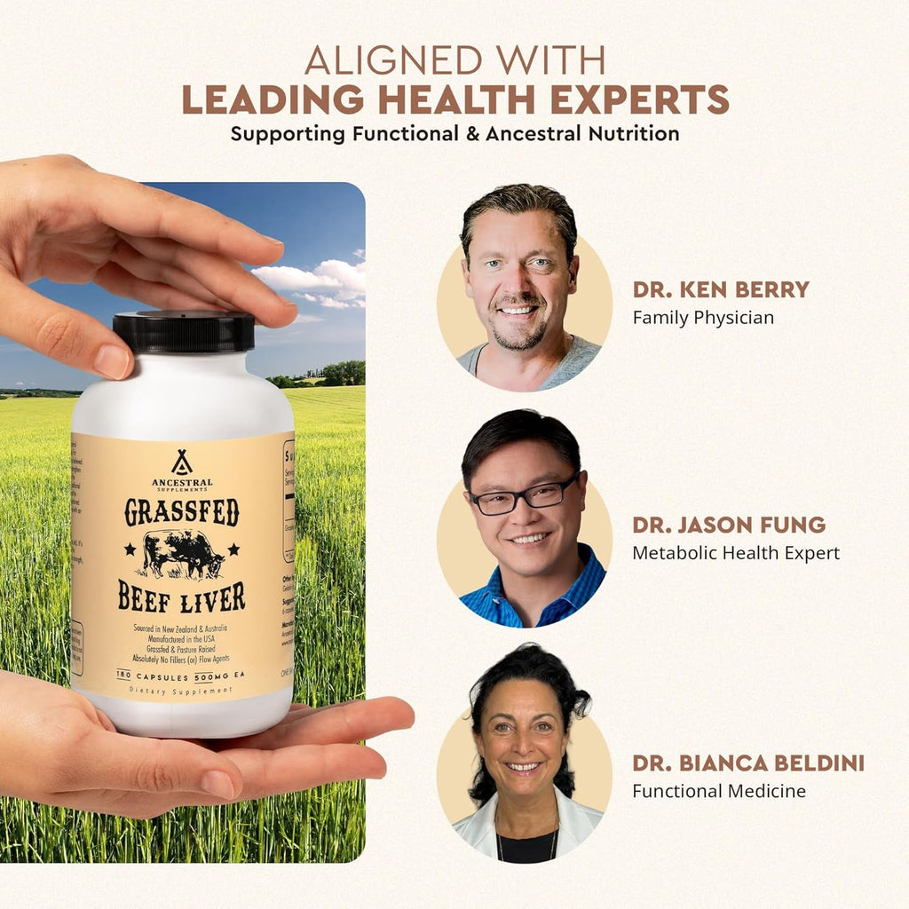 Ancestral Supplements Grass Fed Beef Liver 180 Capsules, Supports Energy Production, Detoxification, Digestion, Immunity and Full Body Wellness, Non-Gmo, Freeze Dried Liver Health Supplement