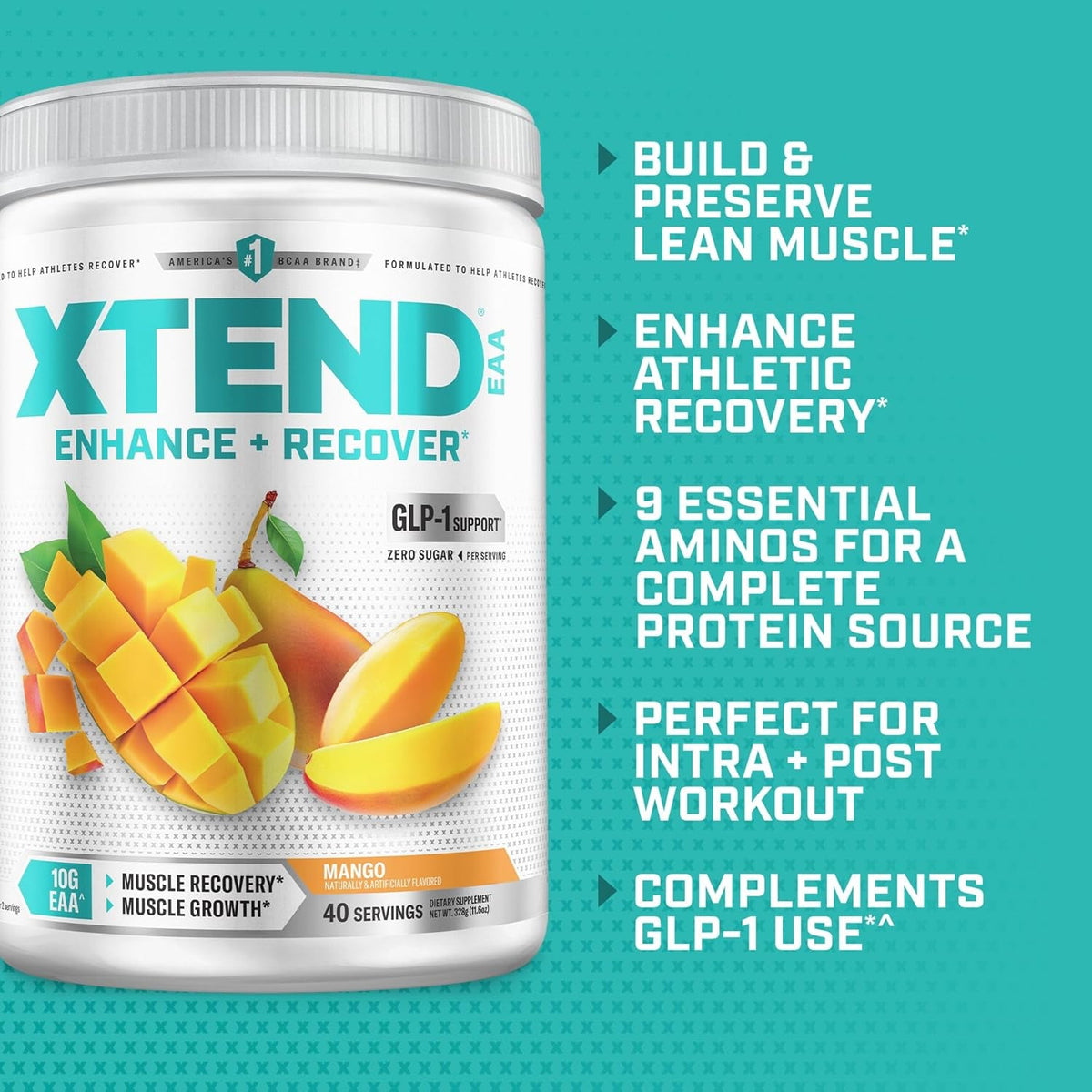 Xtend EAA + BCAA Powder for Muscle Recovery & Lean Muscle Growth, 9 Essential Amino Acids for Intra Workout or Post Workout Recovery, 10G Eaas per 2 Servings, Mango 40 Servings