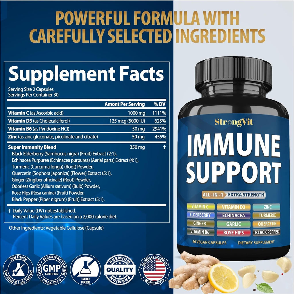 Strongvit Immune Support Supplement 12 in 1 Complex with Vitamin C, D3, Zinc, Echinacea, Elderberry, Ginger, Turmeric. Immune Defend for Men & Women, Non-Gmo, Gluten-Free, Vegan, USA