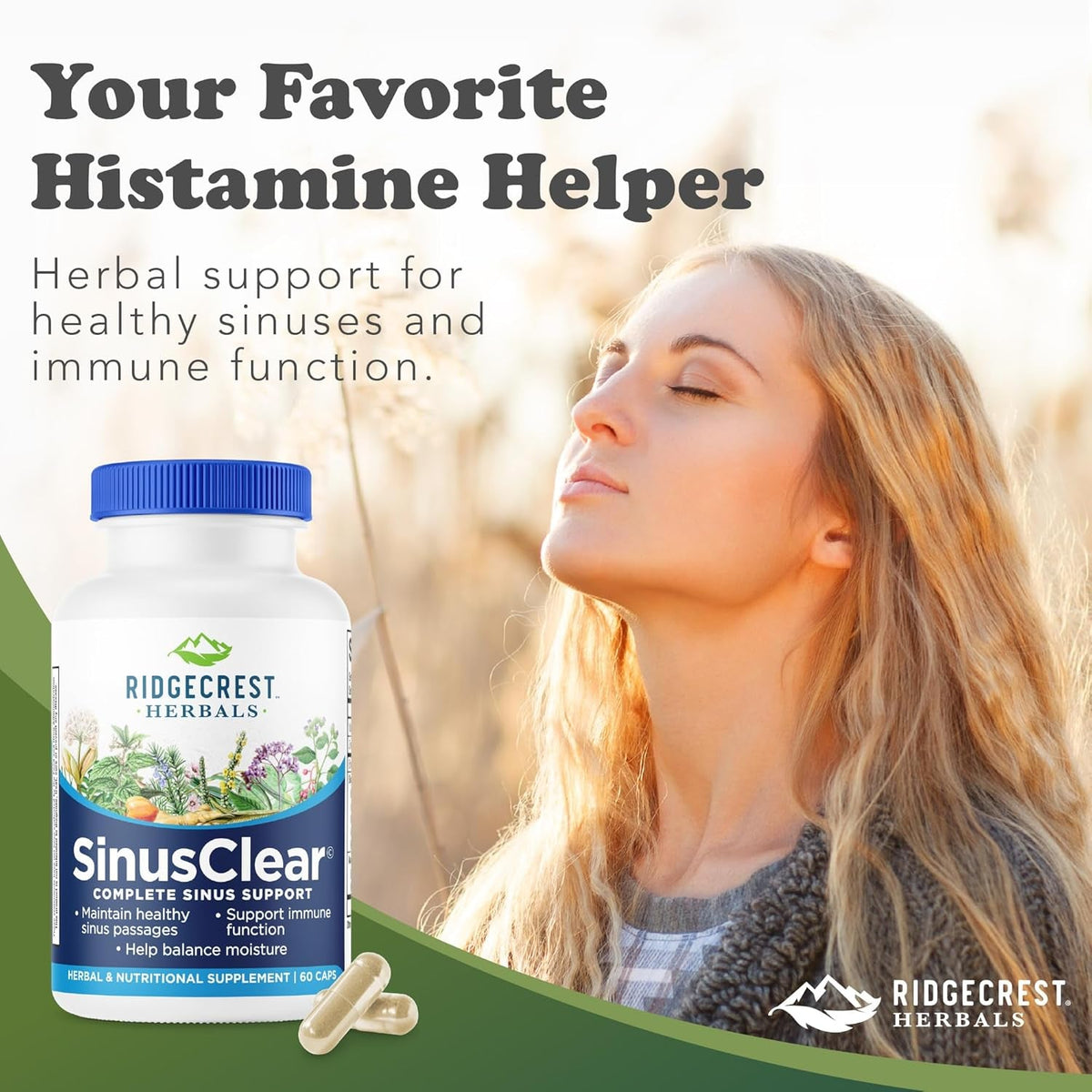Ridgecrest Herbals Sinusclear, Complete Formula for Sinus and Nasal Health with Mullein Leaf, Bromelain, Vitamin C, and Zinc, for Healthy Mucus, Immune & Respiratory Support, (60 Veg Caps, 30 Serv)