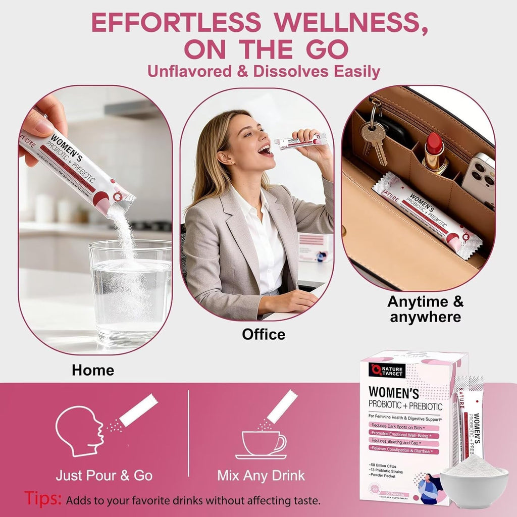 NATURE TARGET Probiotics for Women Probiotic Powder - 50 Billion Cfus, 13 Strains Supports for Digestive Vaginal Health, Bloating Relief, 30 Stick Packs