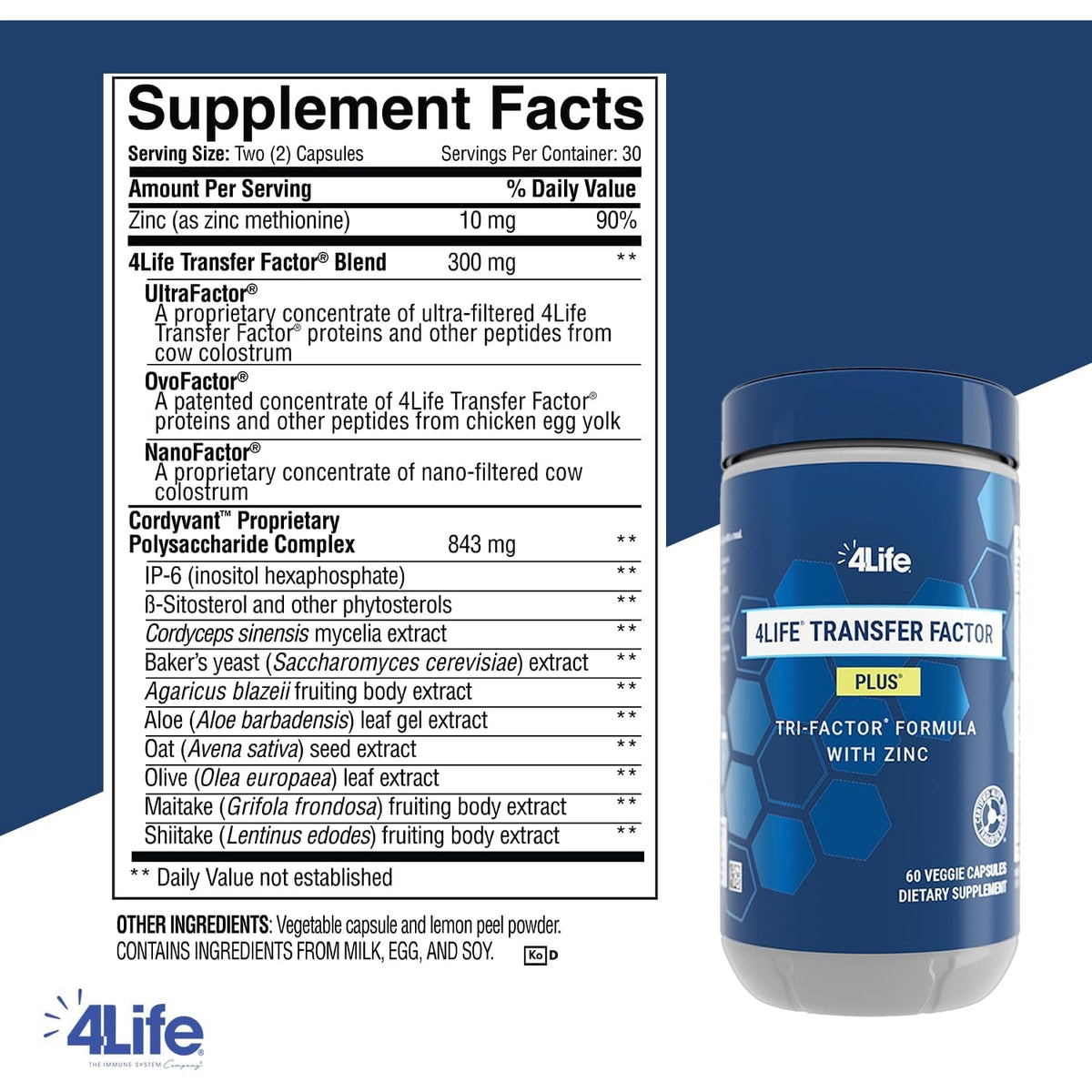 4Life Transfer Factor plus - Support with Zinc, Super Mushroom Blend (Maitake, Shiitake, Agaricus), and Colostrum & Egg Yolk Extracts - 60 Capsules