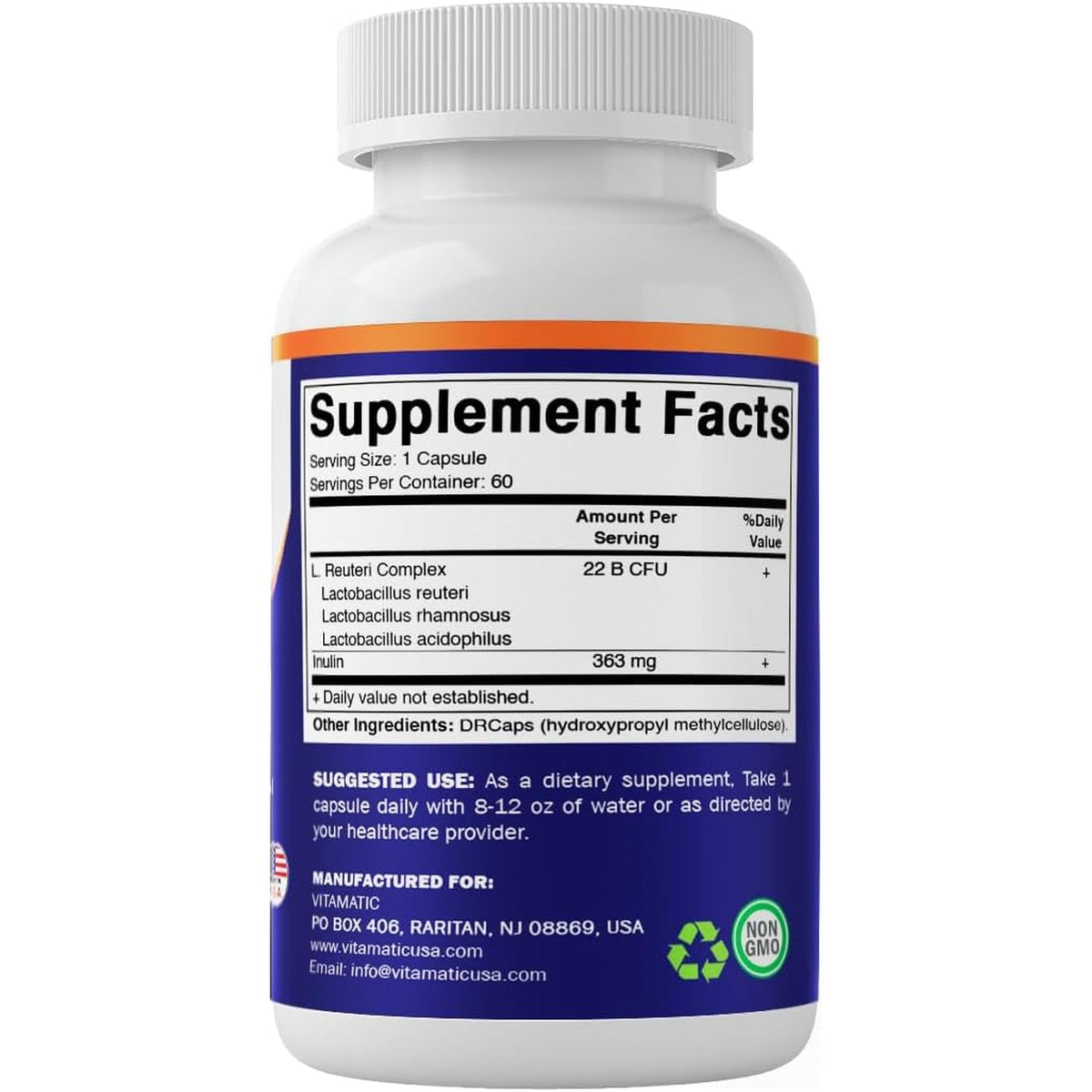 Vitamatic Lactobacillus Reuteri Complex – 22 Billion CFU per Delayed Release Capsule – 60 Capsules – Digestive & Gut Health Support – with Prebiotic Inulin Fiber