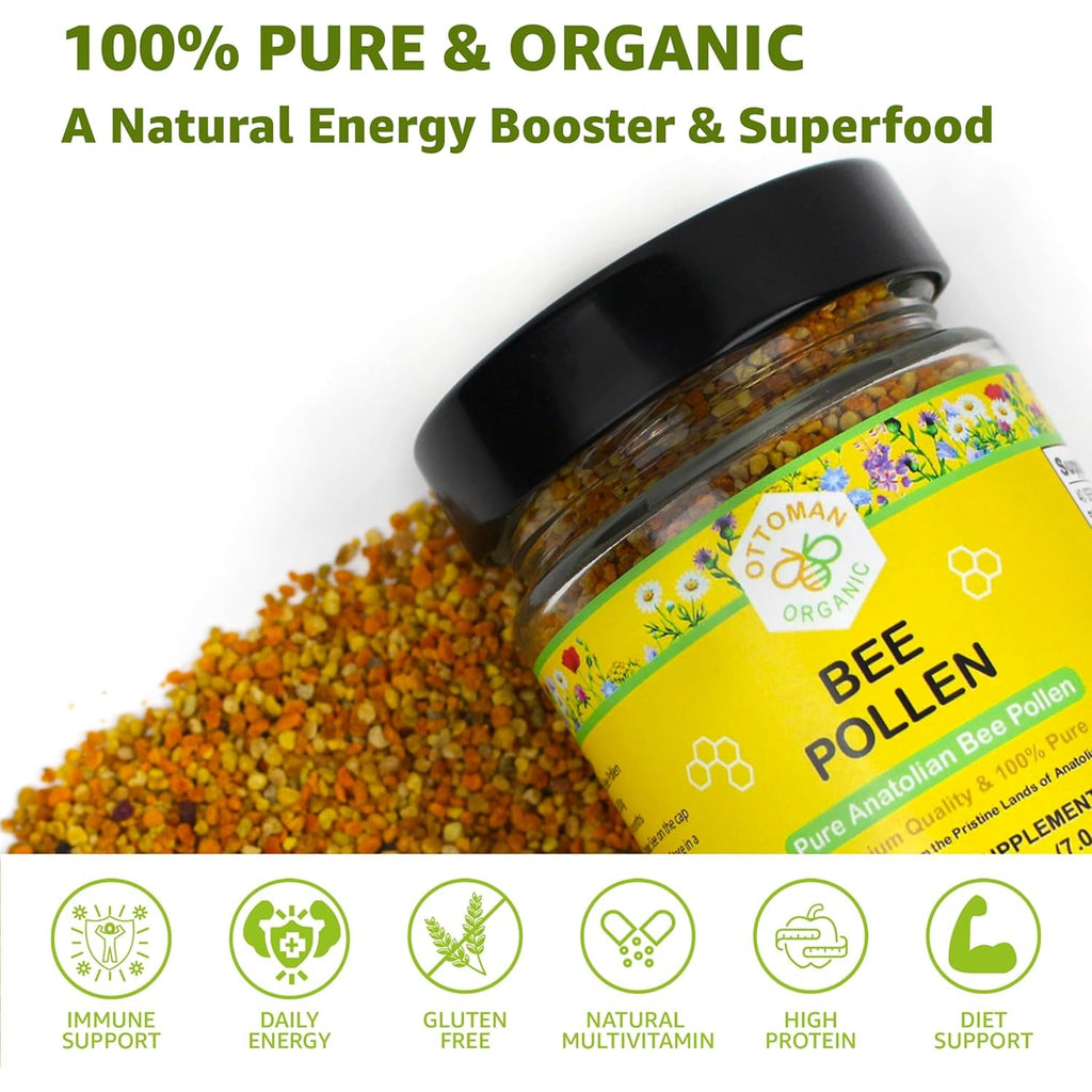 Bee Pollen – USDA & EU Organic Certified, Halal, ISO 22000 & GMP | 100% Pure Superfood, Rich in Vitamins & Minerals | Non-Gmo, Additive-Free (7 Ounce (Pack of 1))