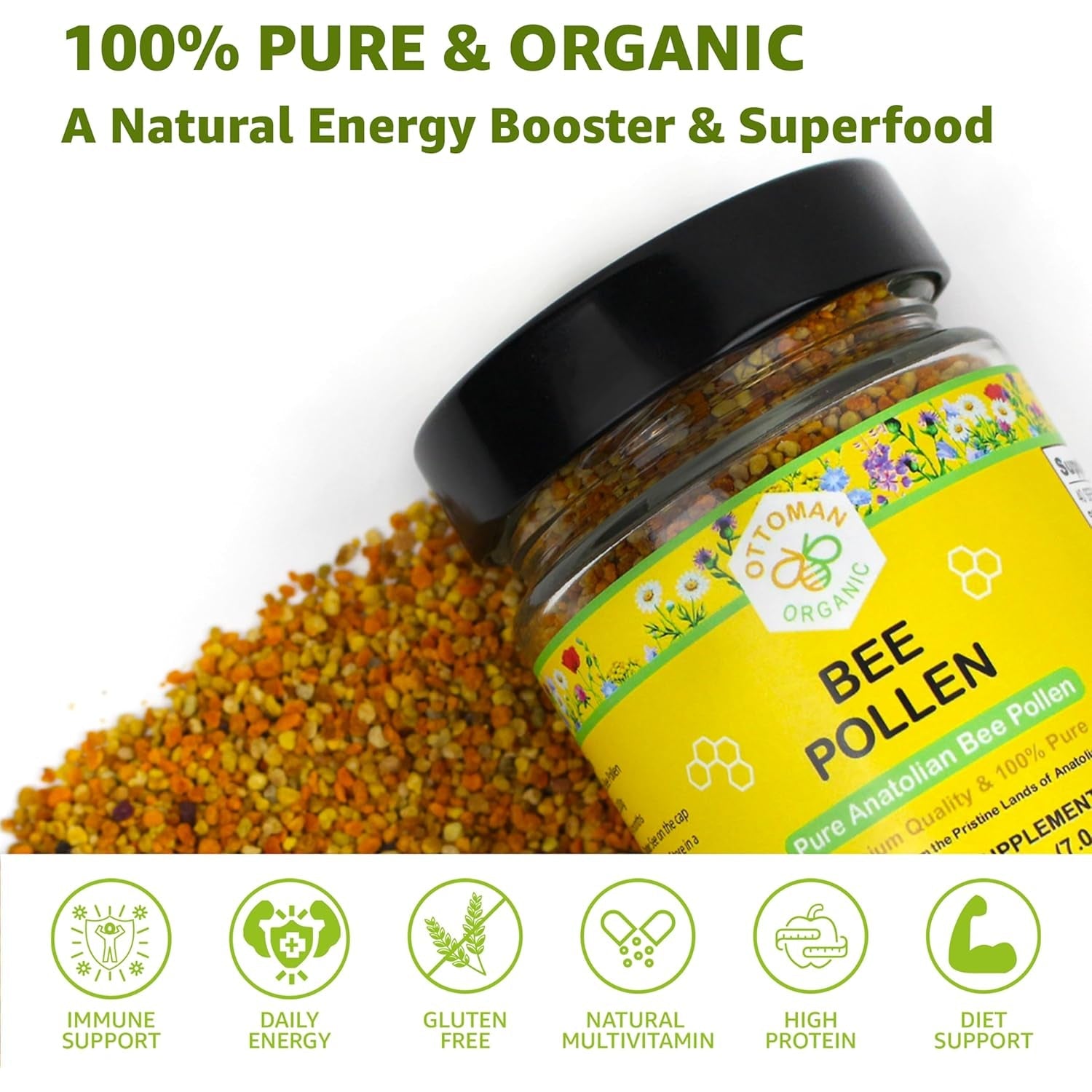 Bee Pollen – USDA & EU Organic Certified, Halal, ISO 22000 & GMP | 100% Pure Superfood, Rich in Vitamins & Minerals | Non-Gmo, Additive-Free (7 Ounce (Pack of 1))
