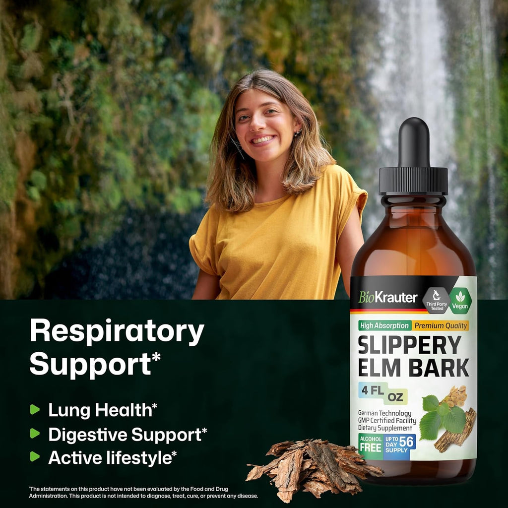 BIO KRAUTER Slippery Elm Bark Tincture - Pure Slippery Elm for Women & Men - 4 Fl.Oz. 56 Days of Supply - Throat & Voice Support - Vegan Liquid Drops for Lungs - Respiratory & Digestive Health
