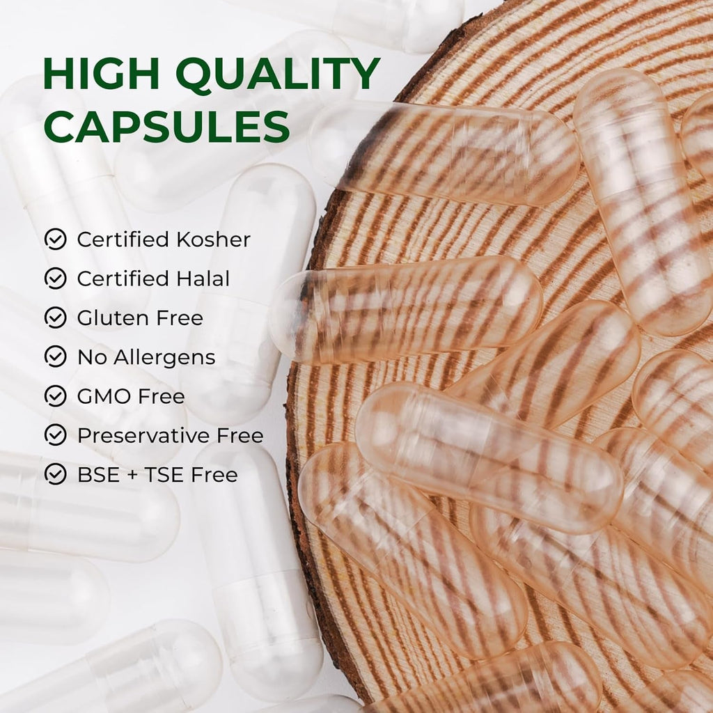 Empty Capsules Size 00 Separated Vegan Pill Caps Plant Based Clear (1,000 Caps+1,000 Bodies) Gluten Free, Non-Gmo, Halal Certified Filling Kit for Vegetarian DIY Your Own Supplements