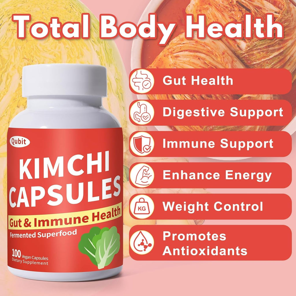 QUBIT Kimchi Capsules, Kimchi Supplement, Supports Gut, Digestive & Fullness, Taste Well, One Capsule of Fermented Superfood for Antioxidant Support, 90 Vegan Capsules, Pills