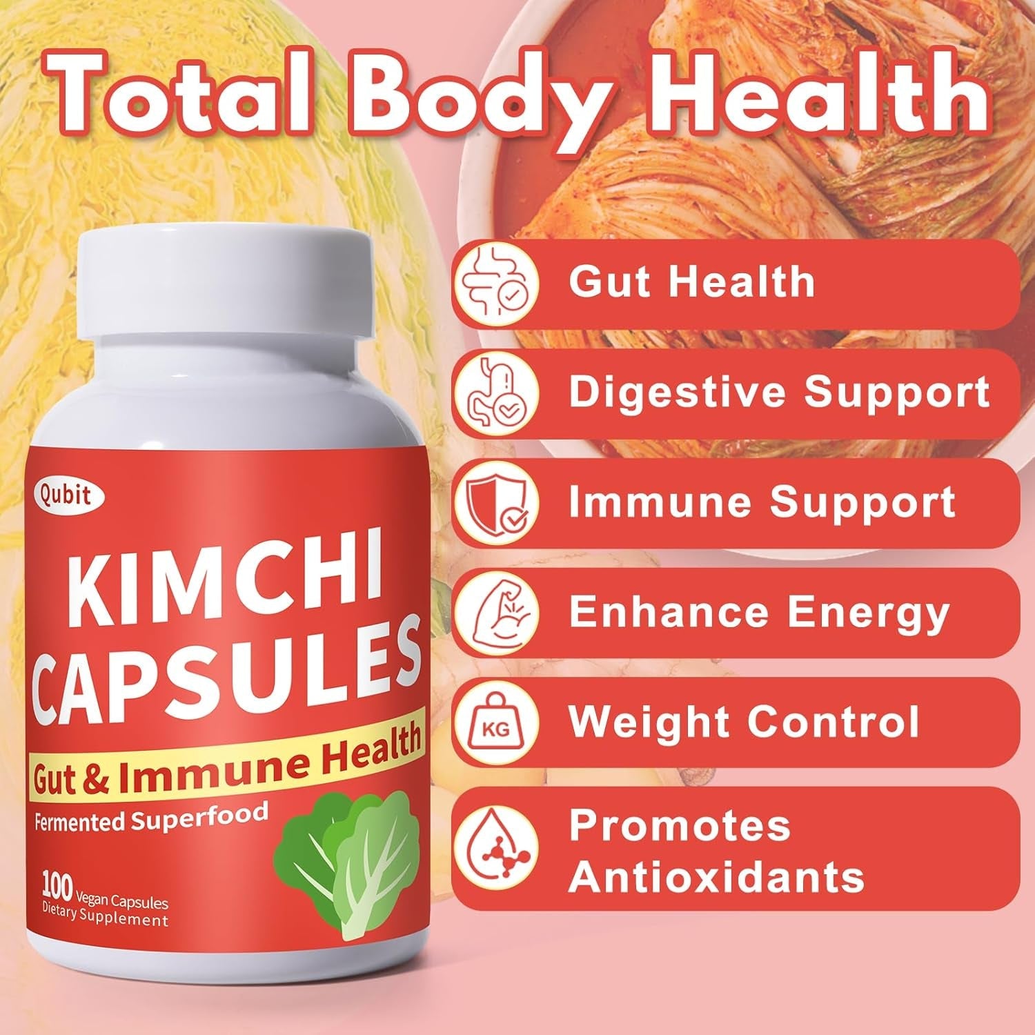 QUBIT Kimchi Capsules, Kimchi Supplement, Supports Gut, Digestive & Fullness, Taste Well, One Capsule of Fermented Superfood for Antioxidant Support, 90 Vegan Capsules, Pills