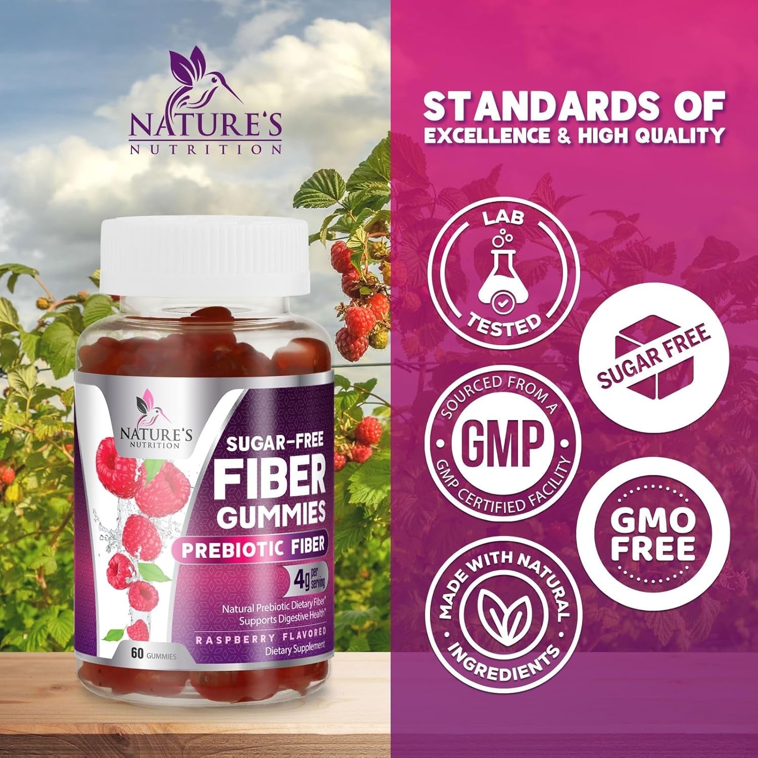 Fiber Gummies – Sugar Free Prebiotic Plant-Based Fiber 4G per Serving Supplement - Improved Soluble Formula Supports Digestive Health & Regularity - Non-Gmo, Natural Berry Flavor Chewable - 60 Gummies