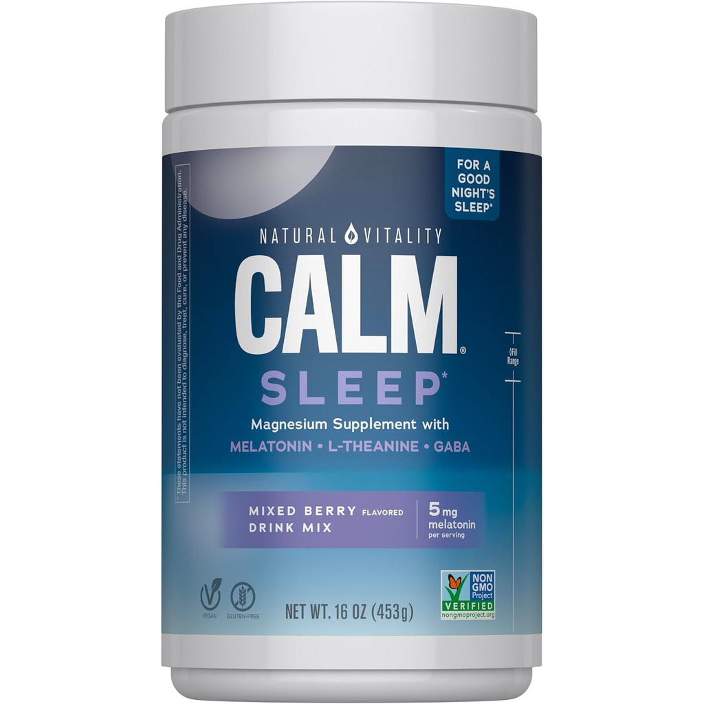 Natural Vitality Calm Sleep Melatonin and Magnesium 16Oz Powder | with L-Theanine and GABA | Mixed Berry Flavred Drink Mix | Non-Gmo & Vegan Supplement