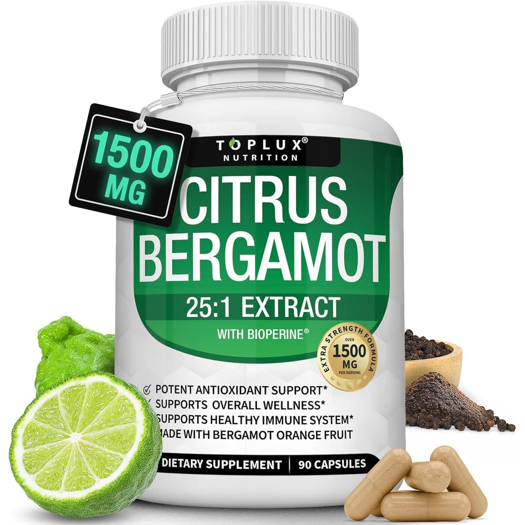 Citrus Bergamot Supplement 1500Mg - 25:1 Bergamot Extract to Support Overall Health, Immune System, Potent Antioxidant High Absorption Natural Vegan Non-Gmo for Men Women, 90 Capsules