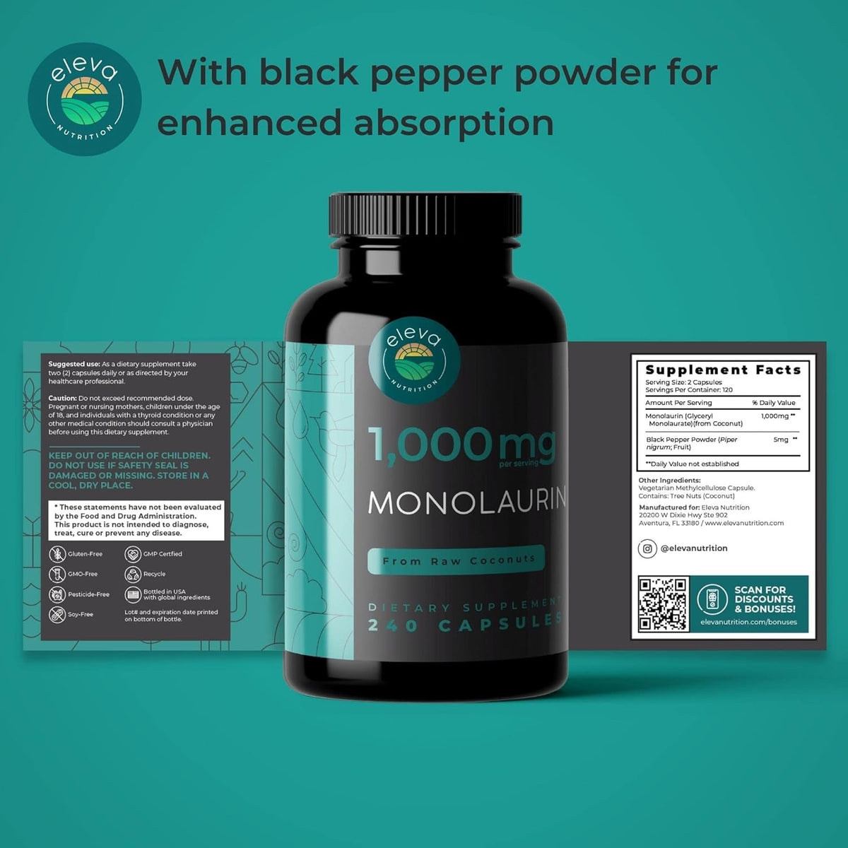 Monolaurin 1000Mg Capsules — Made with Pure Glycerol and Lauric Acid from Raw Coconut — Natural Vegans- Non-Gmo and Soy Free — 240 Capsules