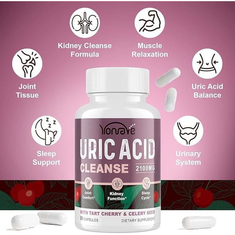 Yonrave Uric Acid Cleanse & Detox - Tart Cherry Capsules, Celery Seed Uric Acid Supplement – Kidney, Joint and Sleep – 90 Veggie Capsules（1 Bottle）