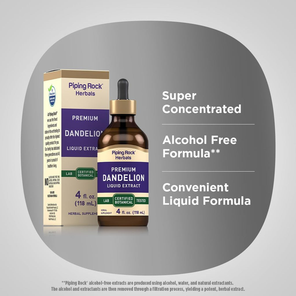 Piping Rock Dandelion Root Extract Liquid Drops | 4 Fl Oz | Premium Tincture Herbal Supplement | Alcohol Free | Vegetarian, Non-Gmo, Gluten Free