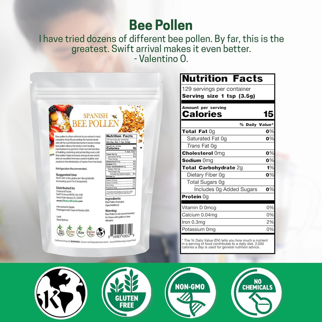 Z Natural Foods Spanish Bee Pollen Granules - Pure & Raw Pollen Granule, Product of Spain - Nutrient-Dense for Energy & Immune Support - Aromatic Sweet Flavor, Sprinkle on Salads & Smoothies, 1Lb