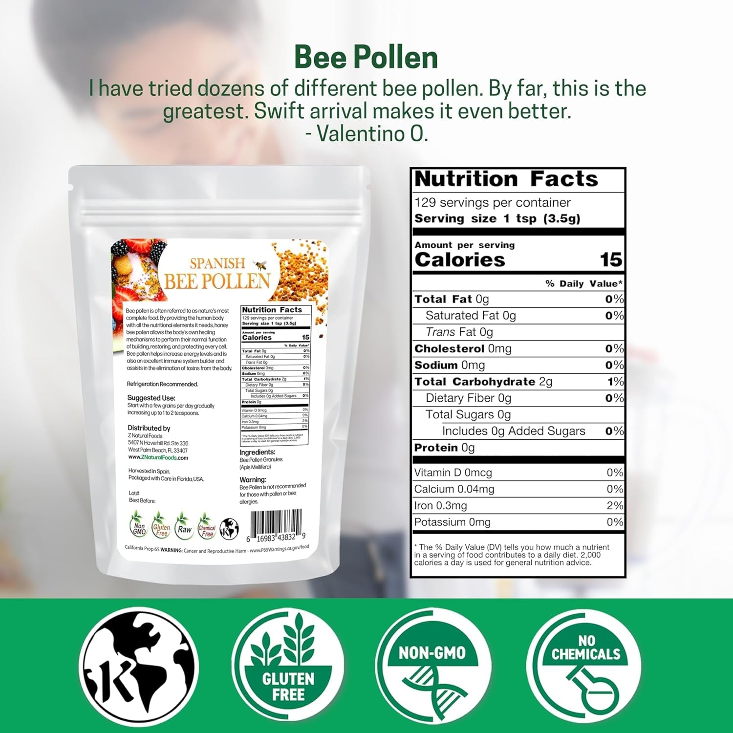 Z Natural Foods Spanish Bee Pollen Granules - Pure & Raw Pollen Granule, Product of Spain - Nutrient-Dense for Energy & Immune Support - Aromatic Sweet Flavor, Sprinkle on Salads & Smoothies, 1Lb
