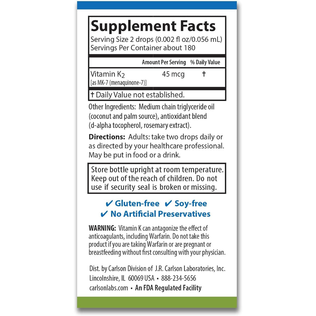 Carlson - Super Daily K2, 45 Mcg Liquid Vitamin K, Bone Health, K2 Vitamin, Vitamin K Supplement, Vitamin K-2 MK7, Unflavored, 360 Drops (10.16 Ml)