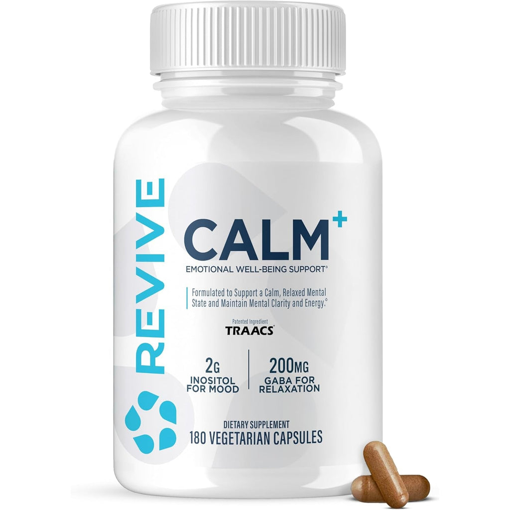 Revive MD Calm, Emotional Well-Being Support Supplement - Stress Management for Men & Women - Mood Enhancement Supplement Promotes Relaxation with L-Theanine, GABA & 5-HTP (180 Capsules, 30 Servings)