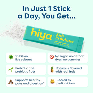 Hiya Kids Probiotic – 10 Billion CFU with Clinically-Studied Strains for Ages 2+, Supports Gut Health & Immune, 0G Sugar – 20 Stick Packs for Toddlers & Kids