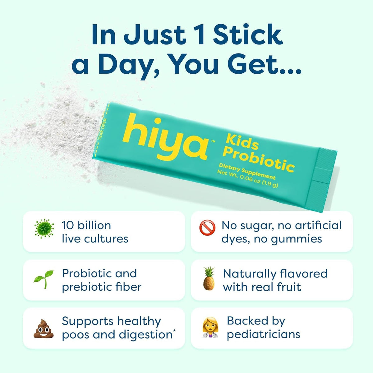 Hiya Kids Probiotic – 10 Billion CFU with Clinically-Studied Strains for Ages 2+, Supports Gut Health & Immune, 0G Sugar – 20 Stick Packs for Toddlers & Kids