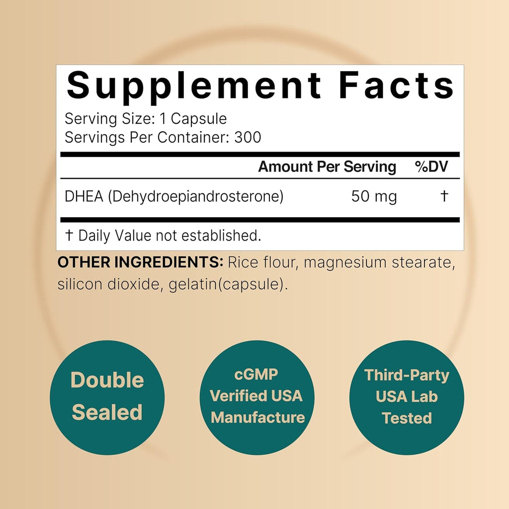 Naturebell DHEA 50Mg for Men & Women, 300 Capsules | Micronized for Better Absorption | Plant-Based Source | Supports Energy, Metabolism & Healthy Aging | Non-Gmo, Made in USA