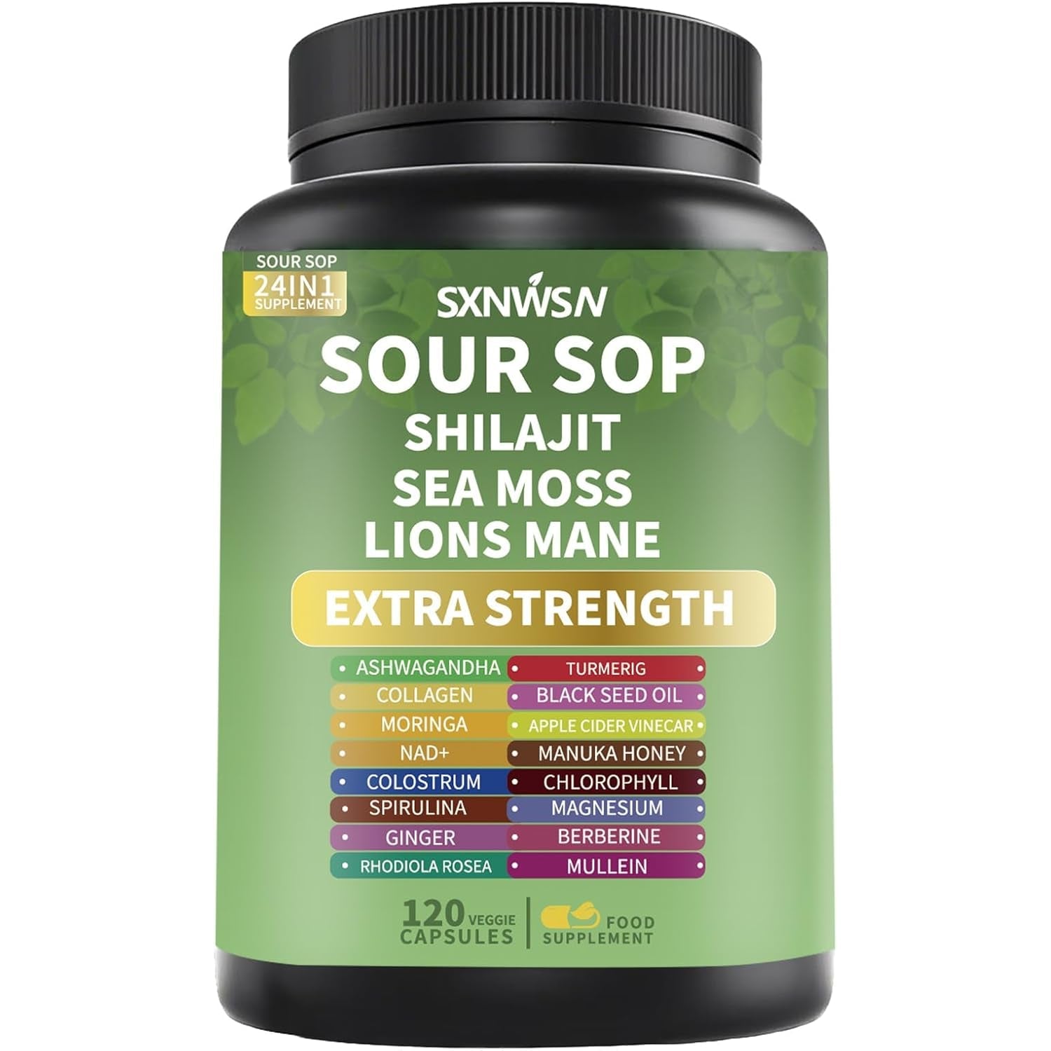 Soursop Supplement with Ashwagandha Sea Moss Lions Mane Turmeric Shilajit - Graviola Complex Capsules for Antioxidant, Brain & Joint & Skin Support | 120 Vegan Capsules