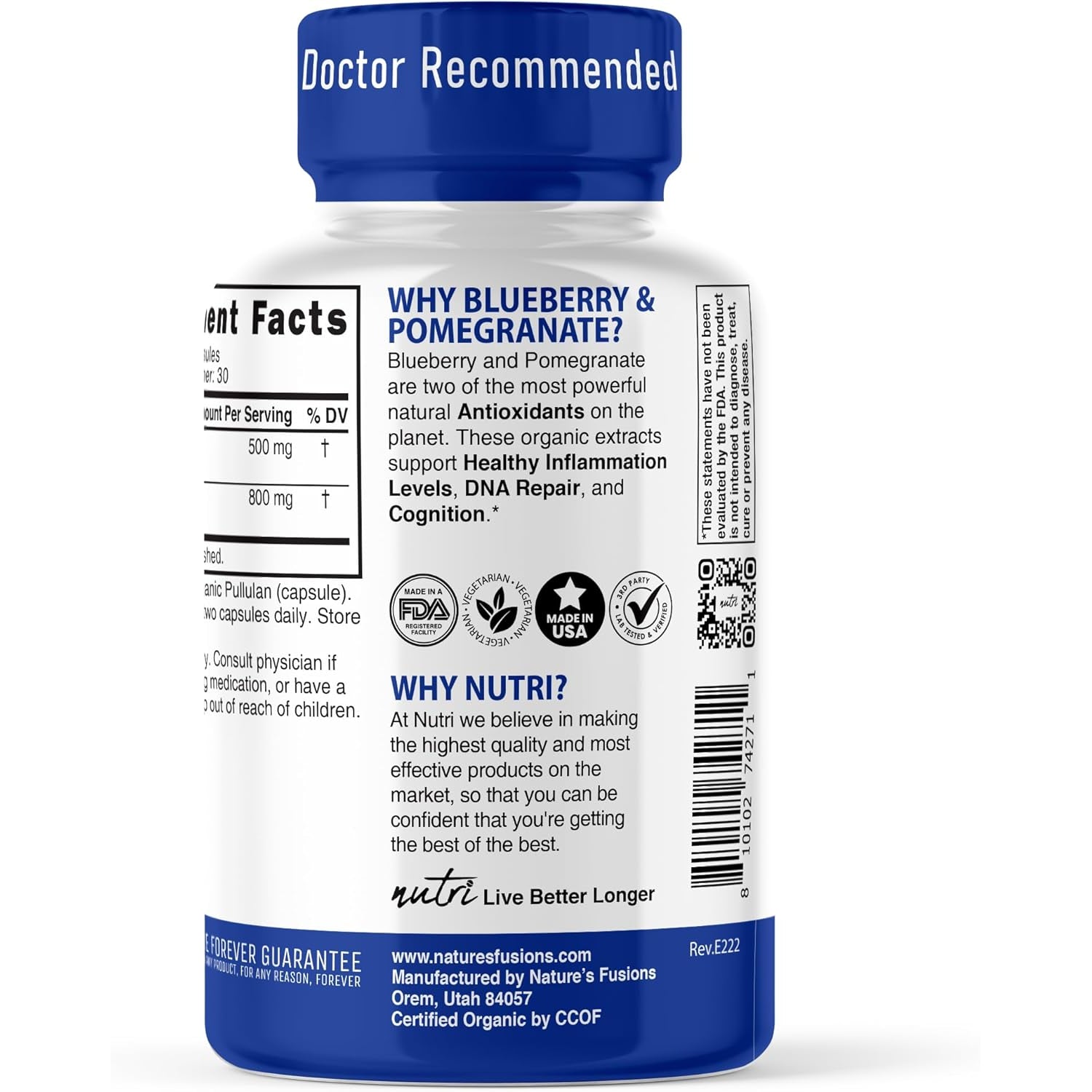 Nutri Organic Blueberry Pomegranate Supplement 1300Mg - with 800Mg 10:1 Extract & 500Mg 10:1 Pomegranate Extract - USDA Certified Organic - 60 Count Capsules - High in Anthocyanins and Polyphenols