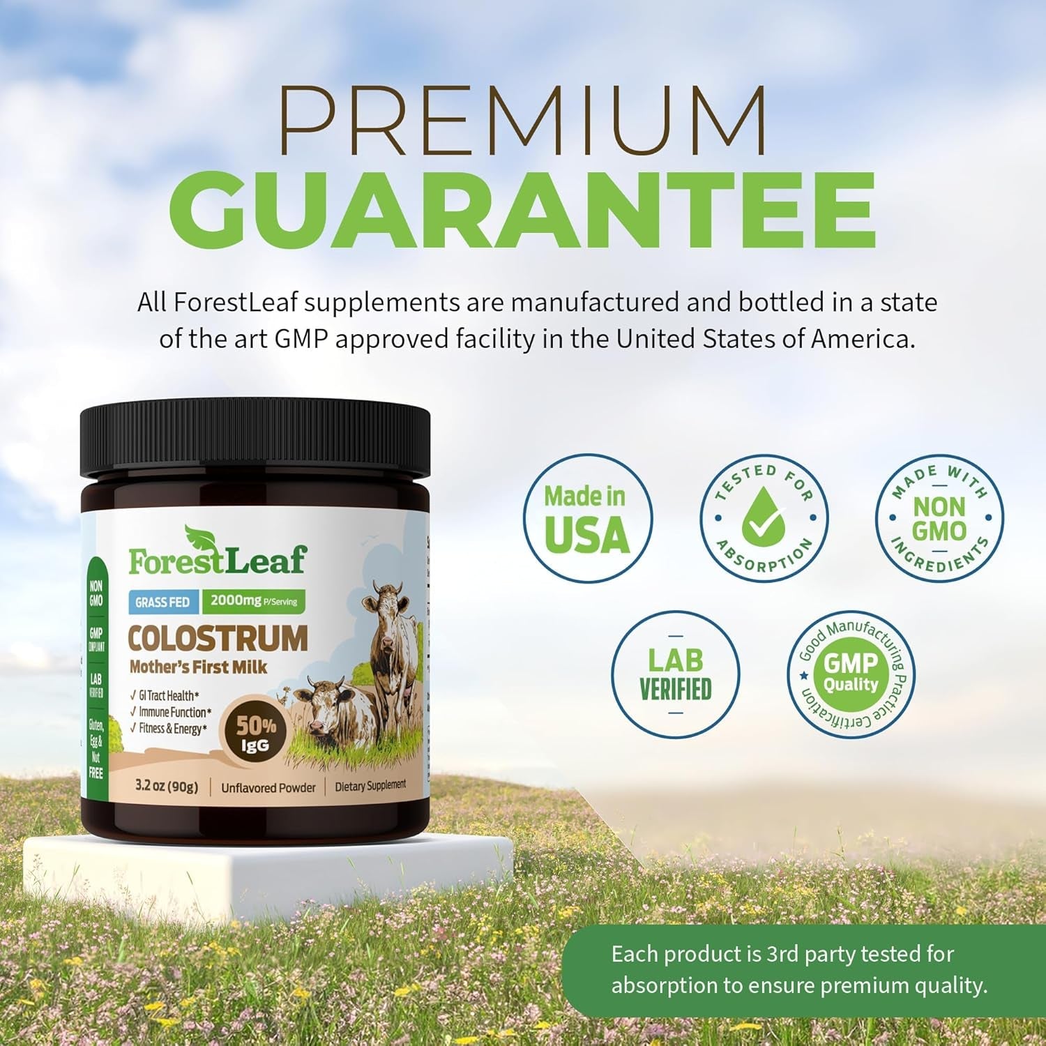 Forestleaf Colostrum Powder 50% Igg Highest Pure Concentration, Grass Fed Colostrum Supplement for Gut Health, Immune Support and Muscle Recovery, Bovine Colostrum for Humans, Unflavored, 45 Servings