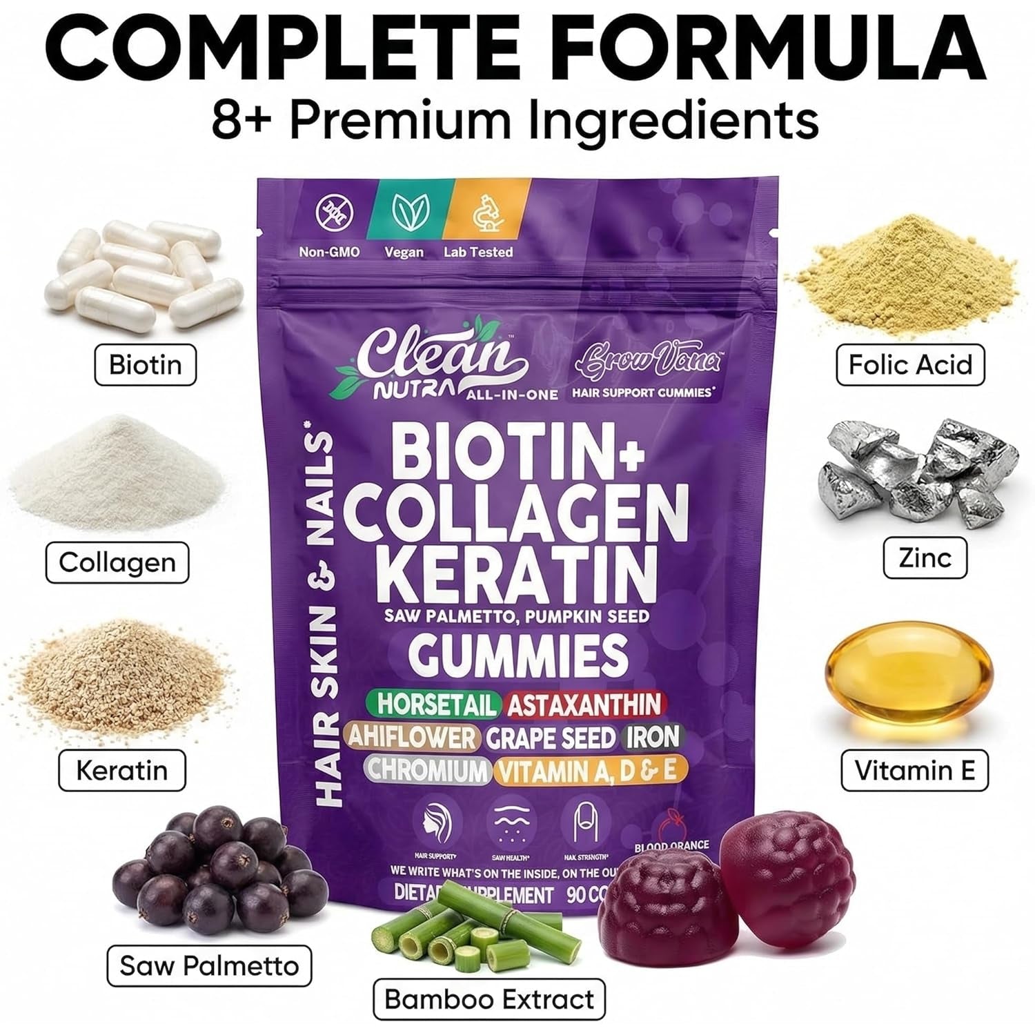 Growvana Hair Growth Gummies for Women Biotin Collagen Keratin Saw Palmetto Horsetail Astaxanthin Iron Zinc Pantothenic Acid Vitamin a D E Pumpkin Seed Ahiflower MSM Supplement by Clean Nutra 90 Count