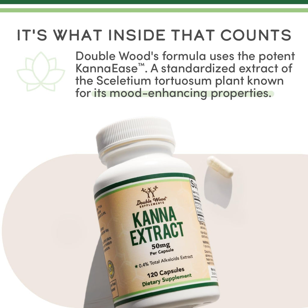 Kanna Extract Supplement (Sceletium Tortuosum) - 50Mg per Capsules, 120 Count - for Relaxation and Peace of Mind (Min .4% Total Alkaloids) Non-Gmo, Gluten Free, Vegan Safe by Double Wood