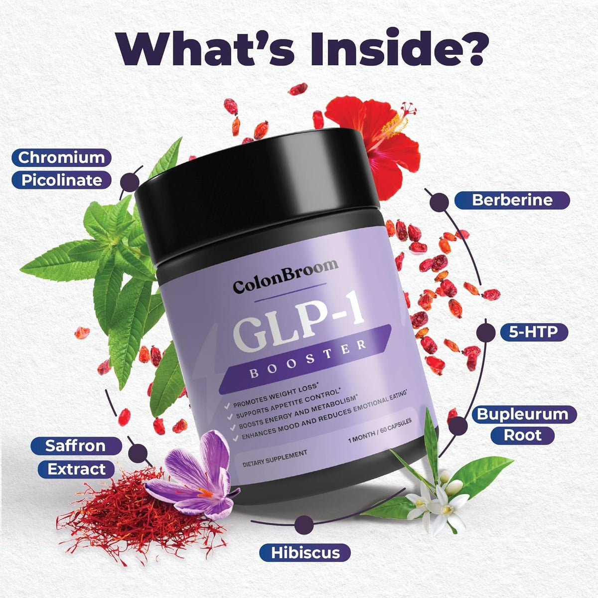 Colonbroom GLP-1 Weight Management Supplement for Women & Men - GLP1 Supports Appetite Control, Energy & Mood Balance - Vegan, Gluten-Free Diet Capsules | 60 Count